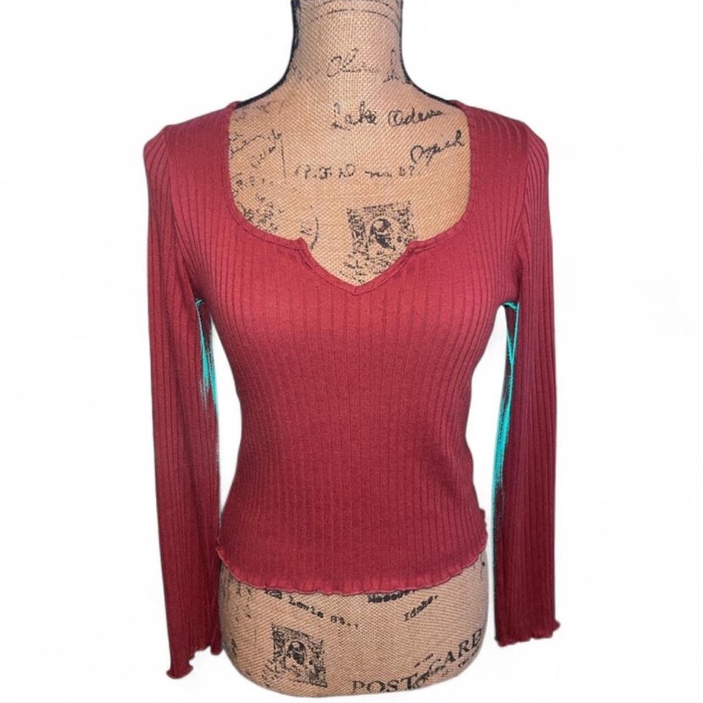 Y2K Rust Brown Ribbed Crop Top Bell Sleeve Boho Grunge Knit Size M